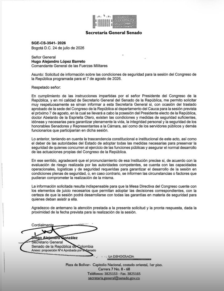 Oficio de la Secretaría General del Senado dirigido a las Fuerzas Militares solicitando un concepto sobre las condiciones de seguridad para la posesión presidencial de Abelardo De la Espriella.
