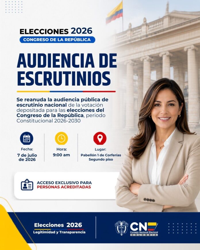 CNE reanuda escrutinio nacional para continuar la audiencia pública de las elecciones al Congreso 2026-2030 en Corferias.