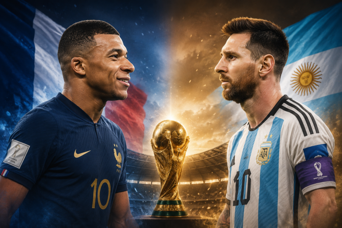 Mbappé y Messi frente a frente con el trofeo del Mundial en una imagen que revive la final de Qatar 2022 y anticipa un posible duelo en el Mundial 2026.