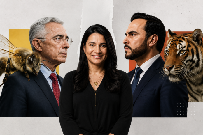 Paola Holguín en el centro, entre Álvaro Uribe representado por una abeja y Abelardo De La Espriella acompañado por un tigre