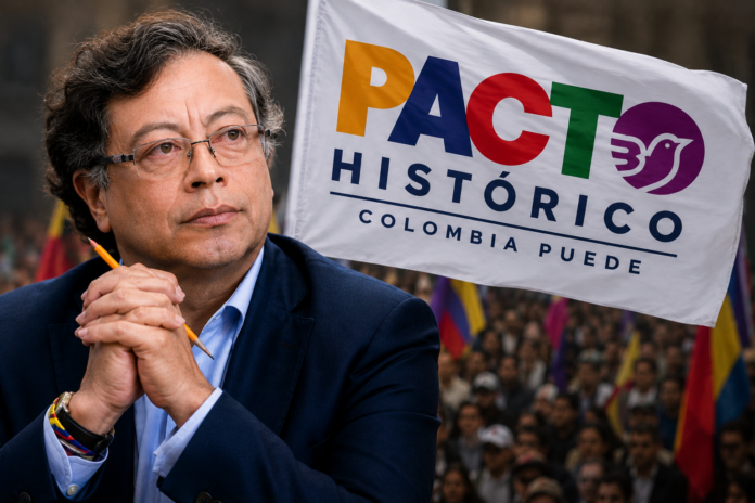 Gustavo Petro junto a la bandera del Pacto Histórico tras aceptar que será presidente del partido cuando termine su mandato presidencial