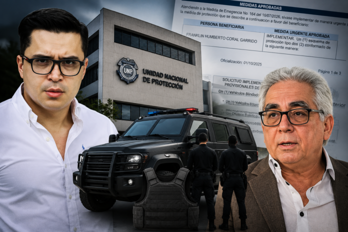 Montaje de Beto Coral, el director de la UNP Augusto Rodríguez, un vehículo blindado y escoltas, en medio de la controversia por el esquema de seguridad asignado al activista.