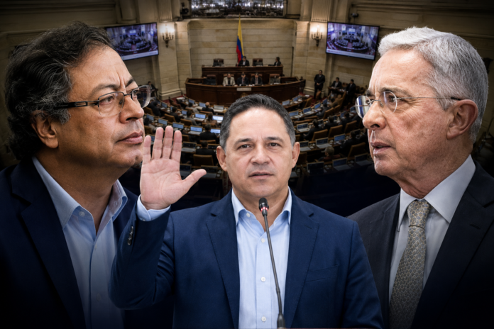 Gustavo Petro, Honorio Henríquez y Álvaro Uribe durante el debate por el supuesto petrouribismo tras la elección del presidente del Senado.