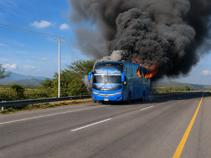 Bus de Cotracosta en llamas durante un incendio en la vía Valledupar–Bosconia, cerca de la entrada a Pueblo Bello.