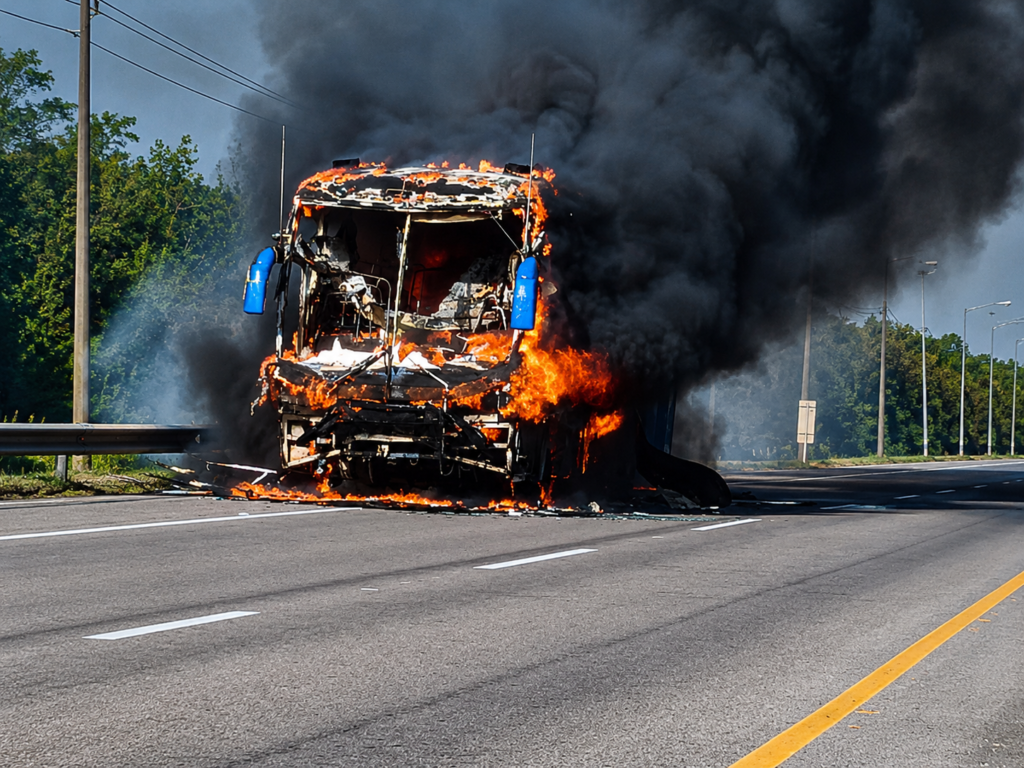 Bus intermunicipal destruido por las llamas durante una emergencia en la vía Valledupar–Pueblo Bello.