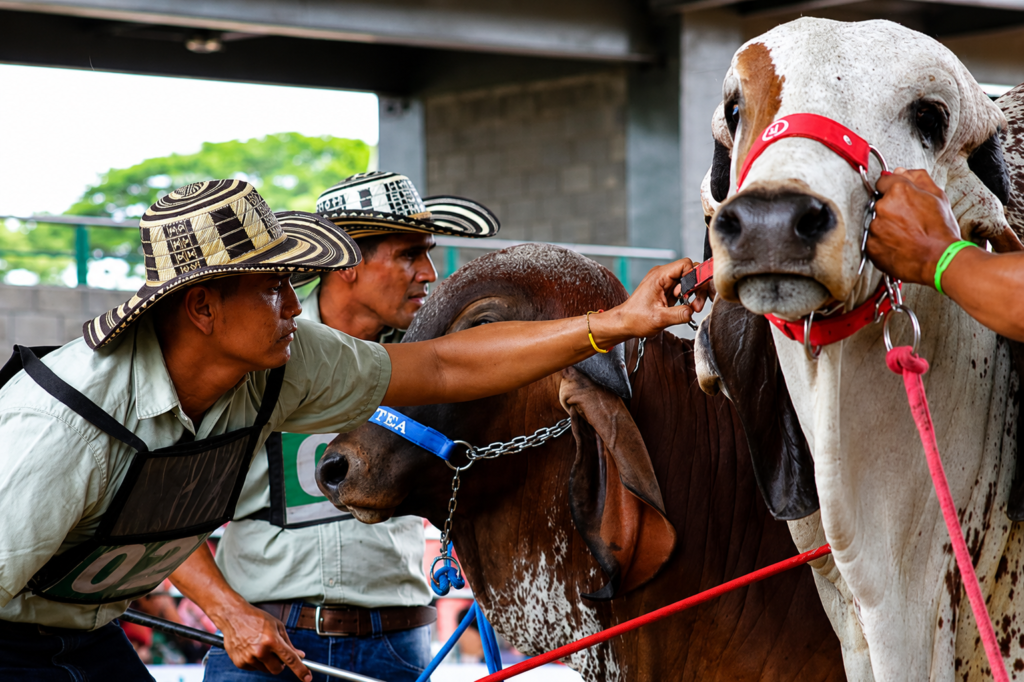 Trabajadores preparan varios ejemplares bovinos antes de una competencia en la Feria Ganadera de Valledupar.