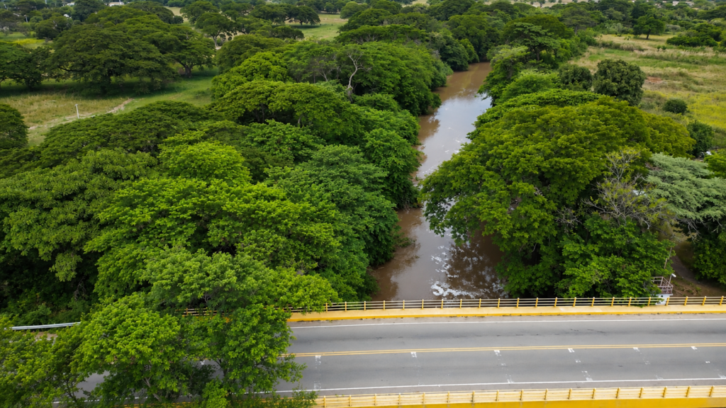 Vista aérea del río Cesar rodeado de vegetación y el puente que conecta sectores de Valledupar.