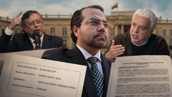 Contrato del Dapre al abogado de Petro con Pedro Alejandro Carranza, Gustavo Petro y Carlos Alonso Lucio