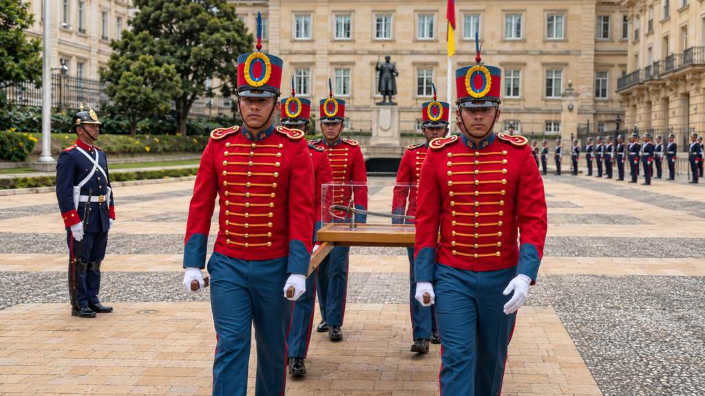Guardias presidenciales trasladan de frente la espada de Bolívar desde la Casa de Nariño