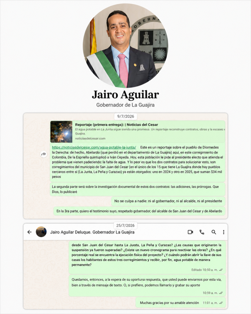 Mensajes enviados al gobernador Jairo Aguilar sobre la falta de agua en La Junta