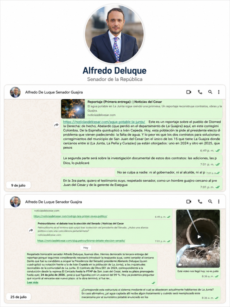 Mensajes enviados al senador Alfredo Deluque por la crisis de agua en La Junta