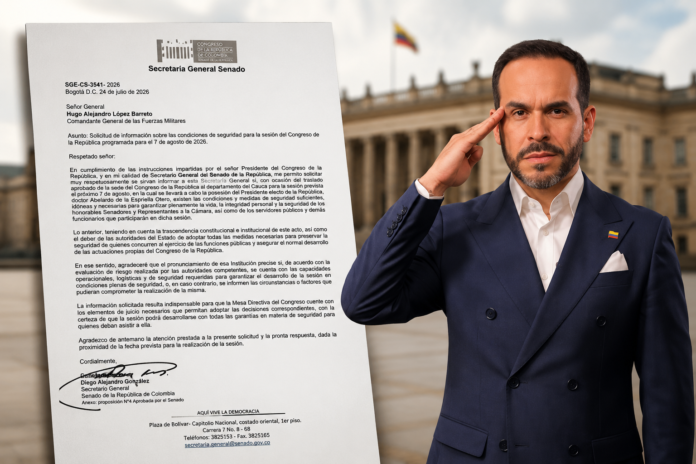 Carta oficial del Senado de la República solicitando a las Fuerzas Militares un concepto de seguridad para la posesión presidencial de Abelardo De la Espriella en Popayán.