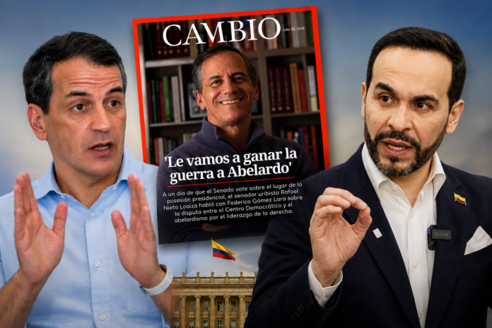 Rafael Nieto y Abelardo De la Espriella junto a la portada de CAMBIO que originó la polémica por el titular de una entrevista al senador del Centro Democrático.