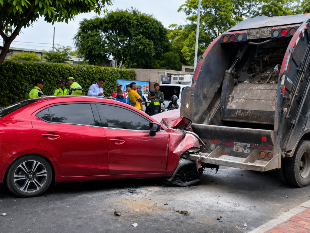 Automóvil Mazda rojo con daños frontales tras chocar contra la parte trasera de un camión recolector en Valledupar