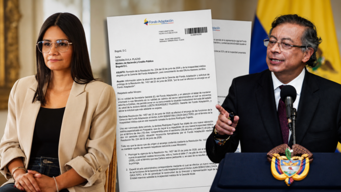 Gustavo Petro y Angie Rodríguez junto al documento del Fondo Adaptación usado para solicitar su salida del cargo.