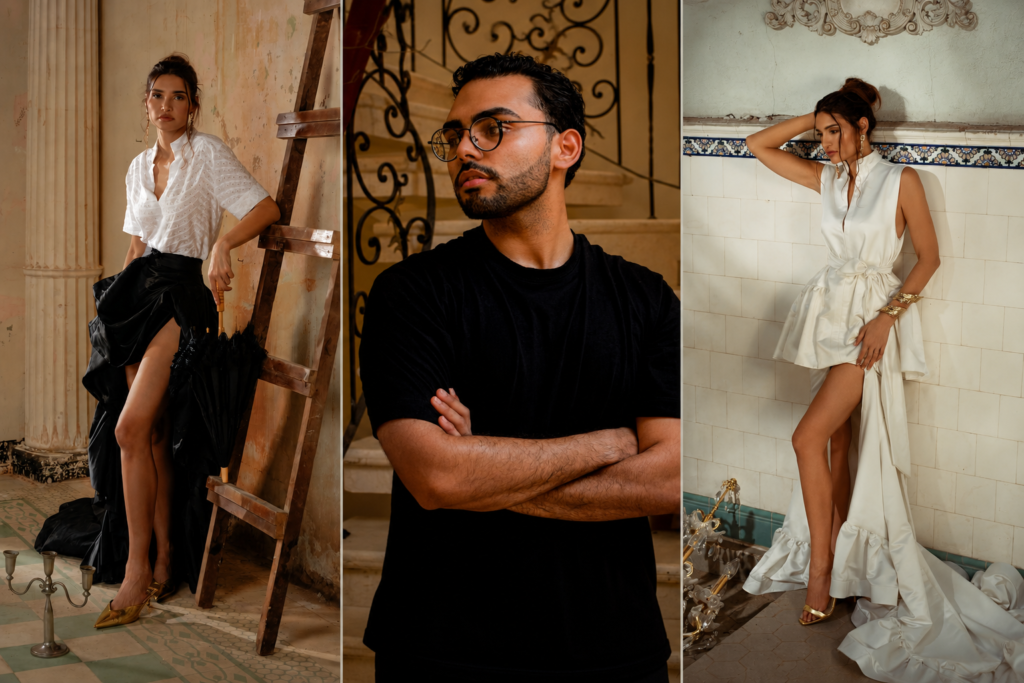 Collage con tres fotografías de la colección Renacer del diseñador vallenato Vera Michell y un retrato del creativo en el centro.