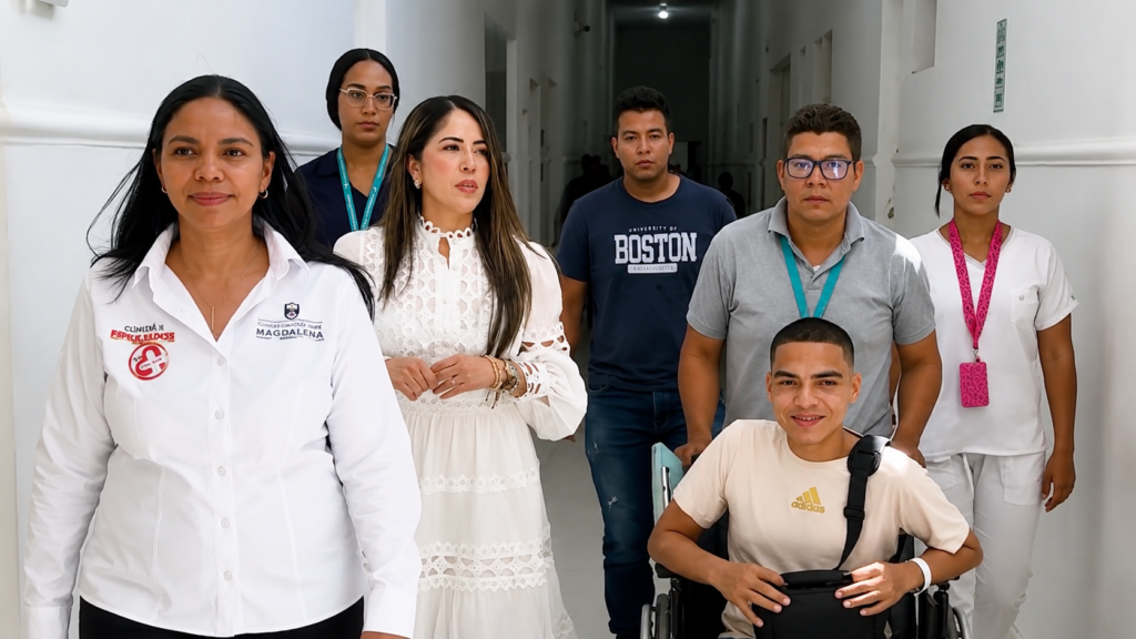 Paciente acompañado por personal médico tras recibir el alta luego del primer implante de corazón artificial en Valledupar.