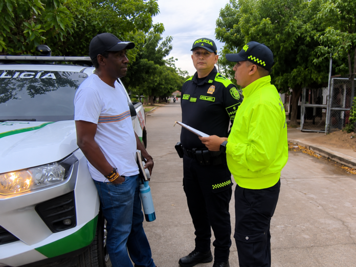 Uniformados de la Policía conversan con un ciudadano durante una diligencia en una zona residencial