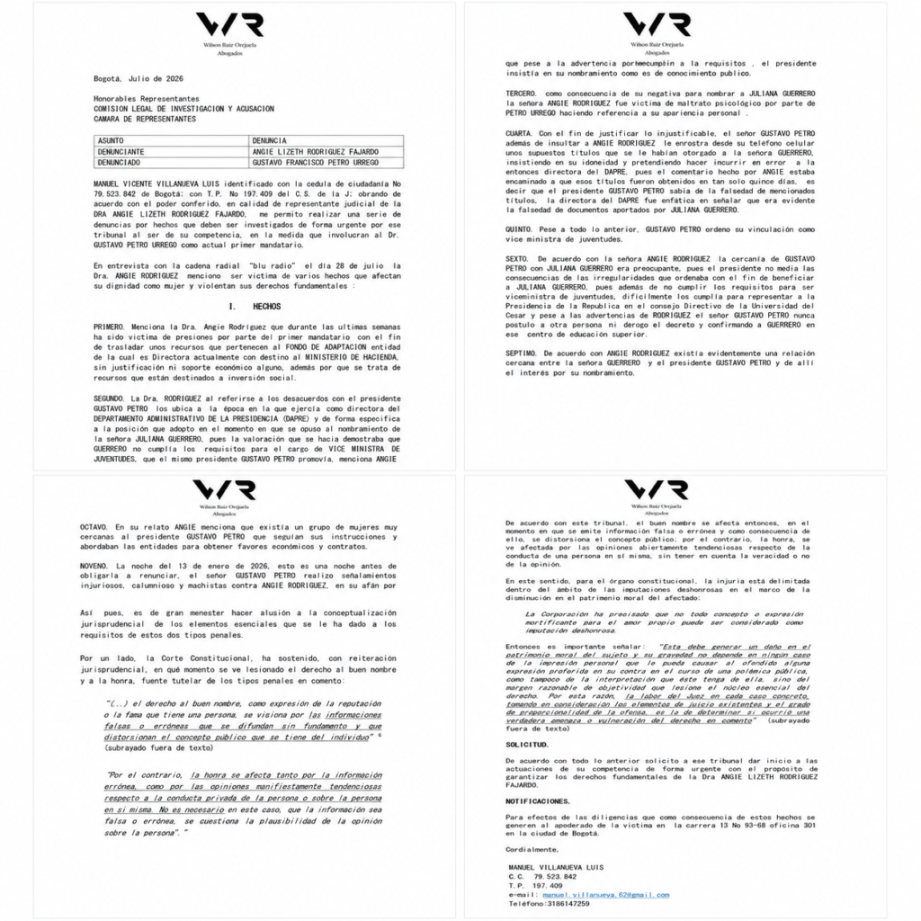 Documento de la denuncia de Angie Rodríguez contra Petro ante la Comisión de Acusación