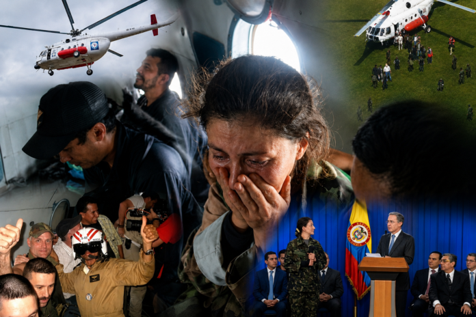 Collage de la Operación Jaque con el helicóptero del rescate, Ingrid Betancourt, los militares liberados y el histórico operativo del Ejército Nacional en 2008.