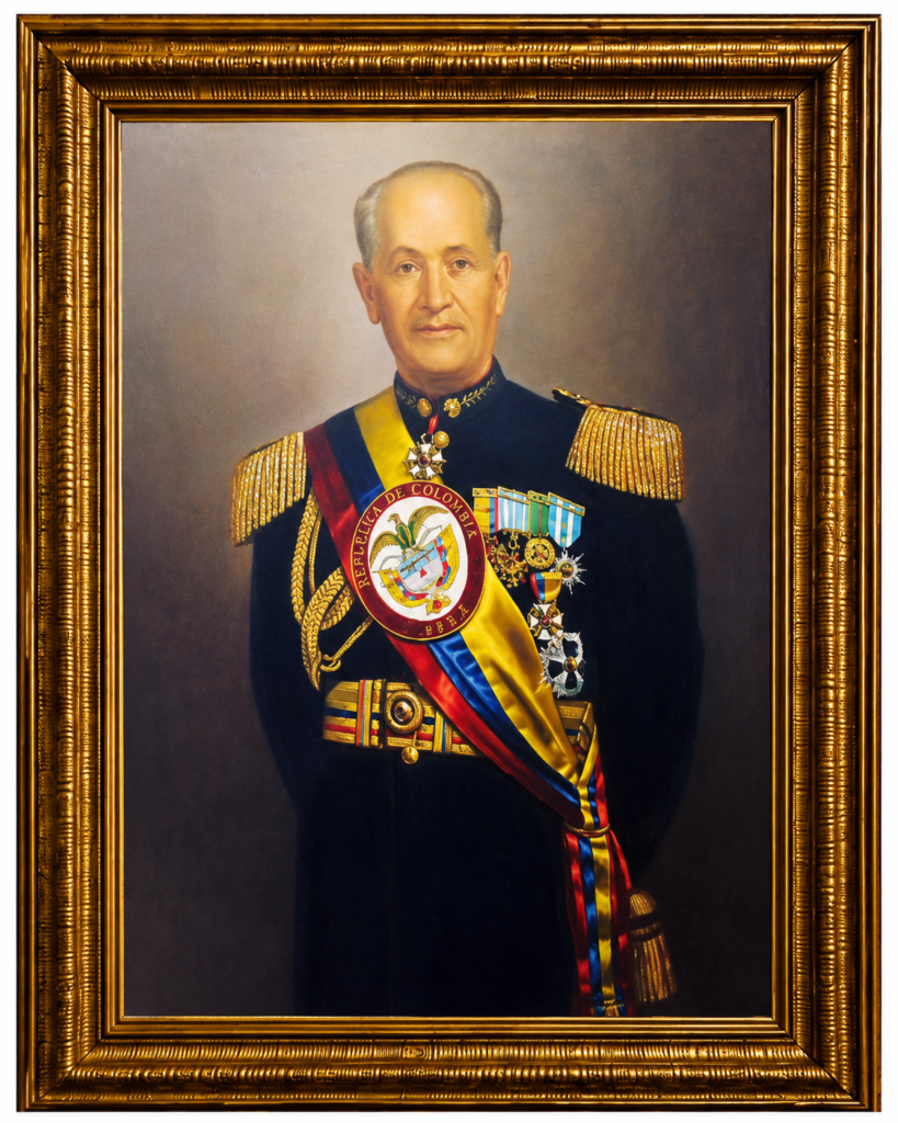 Retrato oficial de Gustavo Rojas Pinilla con uniforme militar, exhibido en la galería de expresidentes de la Casa de Nariño.