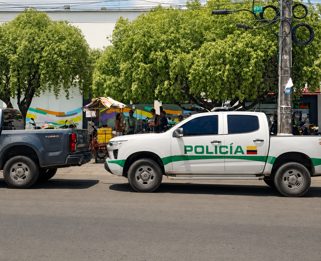 Vehículo de la Policía durante la investigación del robo a Bancolombia en Aguachica