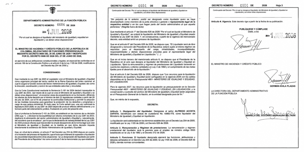 Decreto 0684 de 2026 que designa a Luis Alfredo Acosta Zapata como liquidador del Ministerio de Igualdad y Equidad.