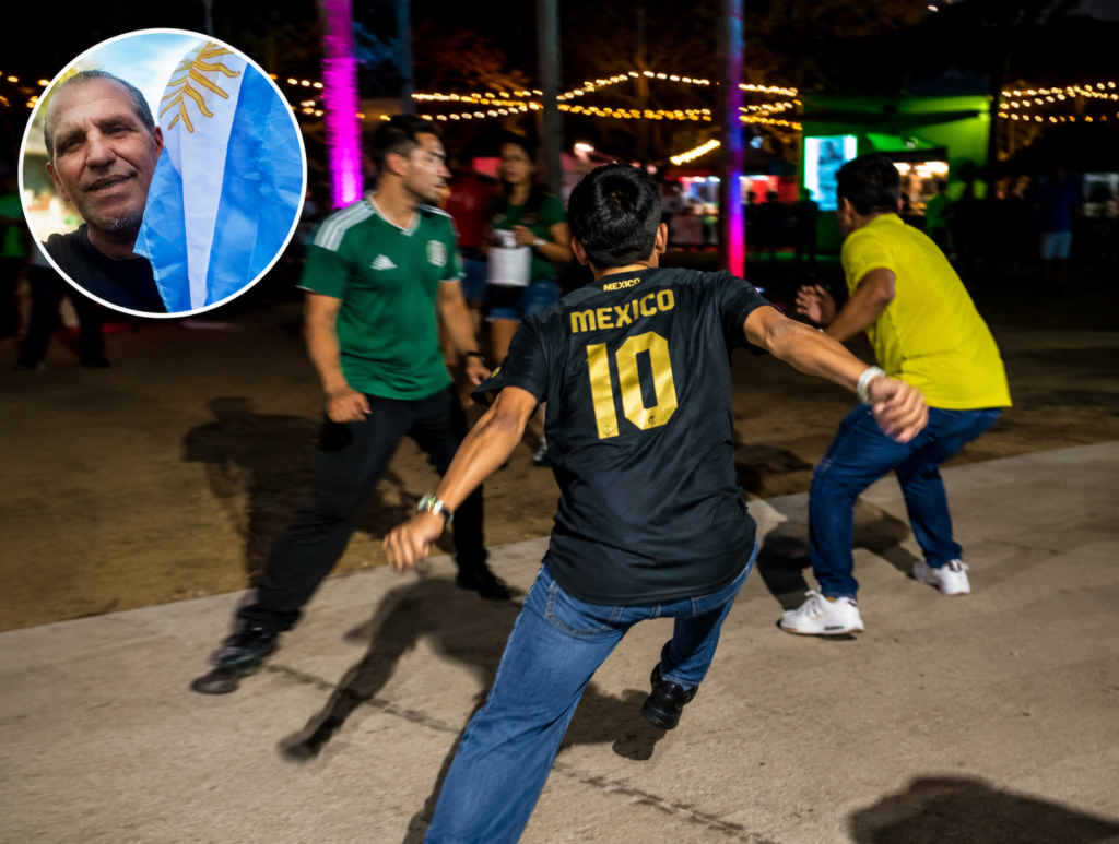 Montaje con un incidente entre aficionados durante el Mundial 2026 y el analista argentino Carlos Alberto Grande, quien cuestionó el comportamiento de un sector de los hinchas mexicanos.