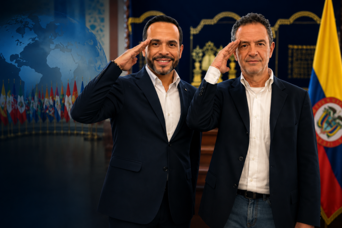 Omar Bula canciller de Colombia junto al presidente electo Abelardo de la Espriella durante un encuentro diplomático.