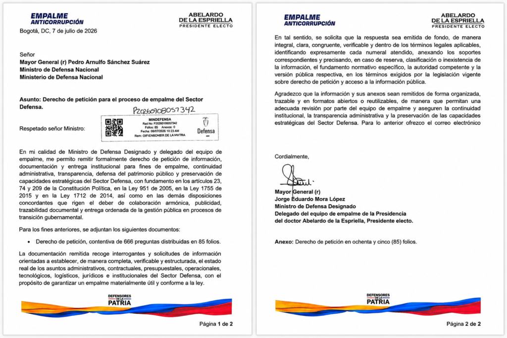 Derecho de petición radicado por Jorge Eduardo Mora López para el empalme del Ministerio de Defensa con 666 preguntas distribuidas en 85 folios.