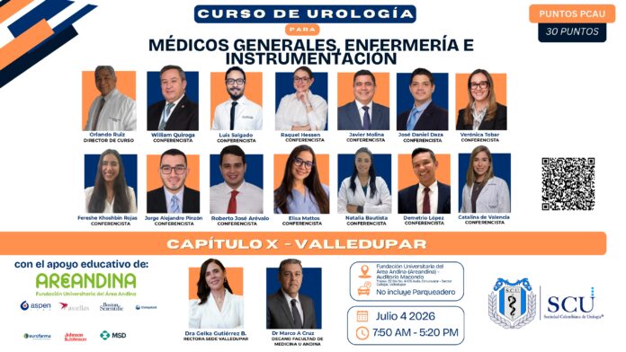 Afiche oficial del Curso de Urología para médicos generales, enfermería e instrumentación que se realizará en Valledupar el 4 de julio de 2026.