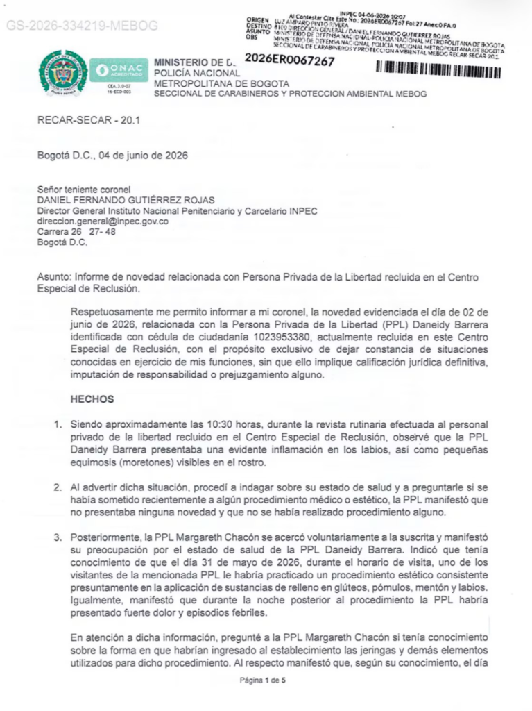 Informe de la Policía sobre un presunto procedimiento estético realizado a Epa Colombia durante su reclusión.