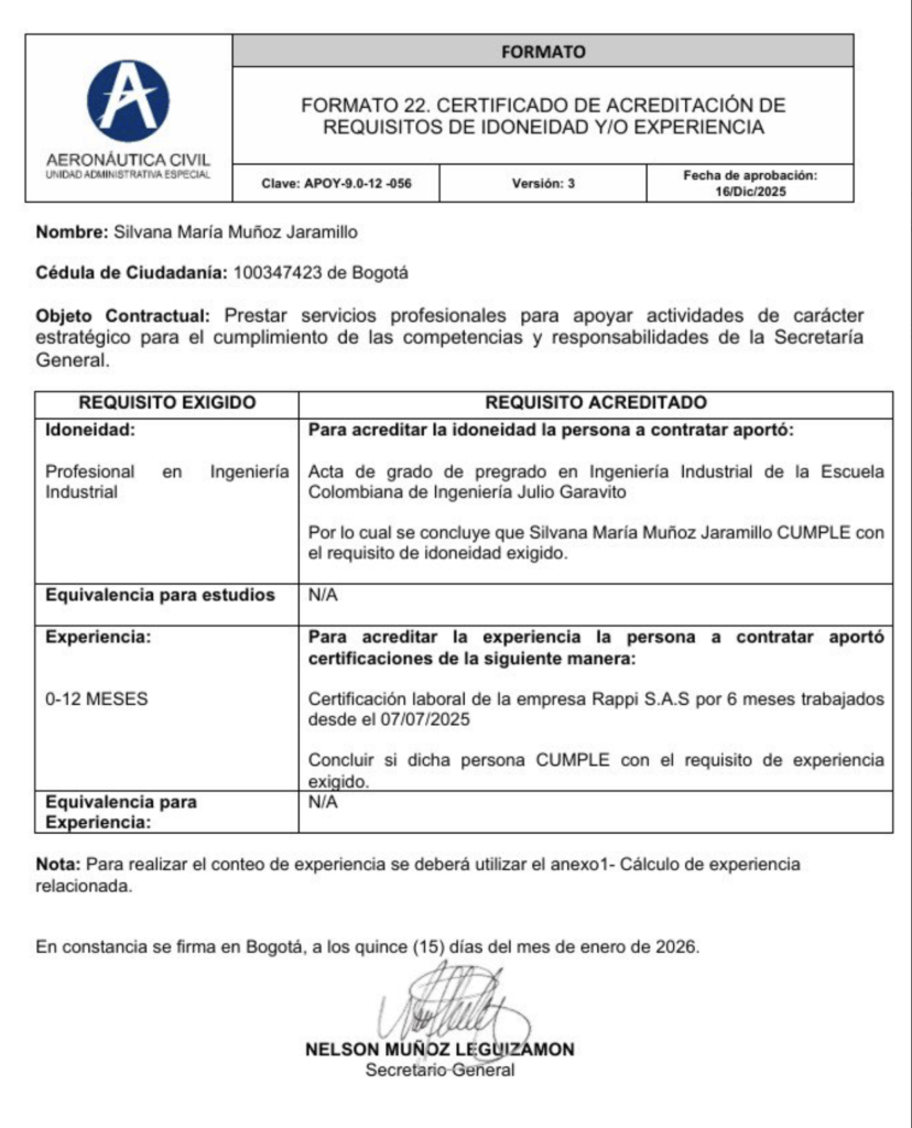 Certificado de acreditación de requisitos de idoneidad y experiencia de Silvana María Muñoz Jaramillo, divulgado en las denuncias sobre contrataciones en la Aerocivil.