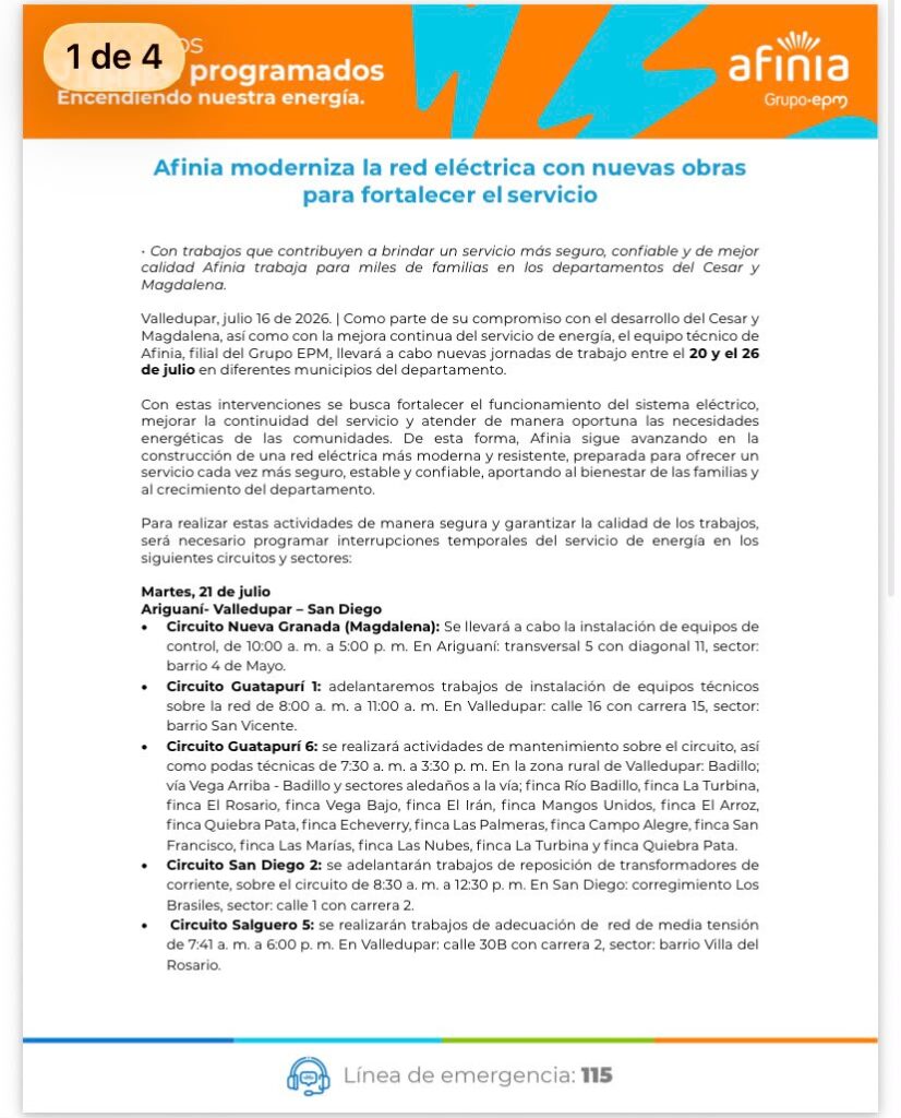 Programación de cortes de energía de Afinia en Valledupar