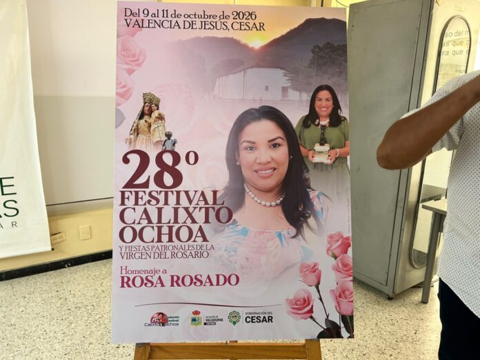 Afiche de la edición 28 del Festival Calixto Ochoa que rendirá homenaje a Rosa Rosado en Valencia de Jesús