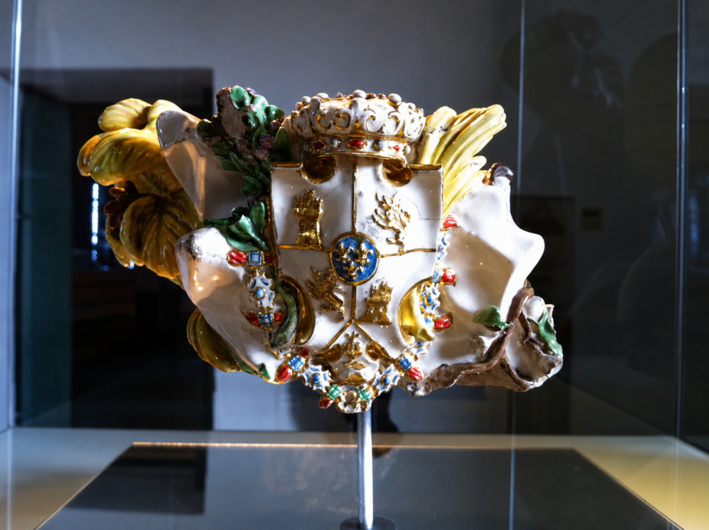 Pieza histórica con escudo de armas exhibida en una vitrina.