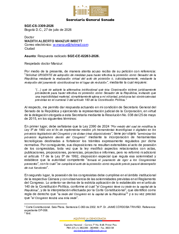 Documento del Senado que niega la posesión virtual de Wadith Manzur