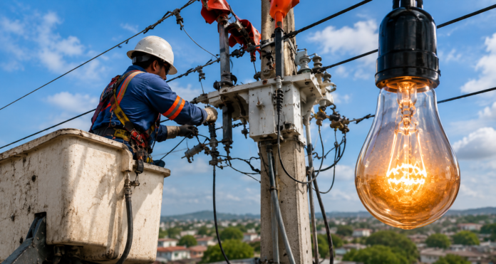 Operario realiza trabajos de mantenimiento en redes eléctricas durante cortes de luz programados en Valledupar.