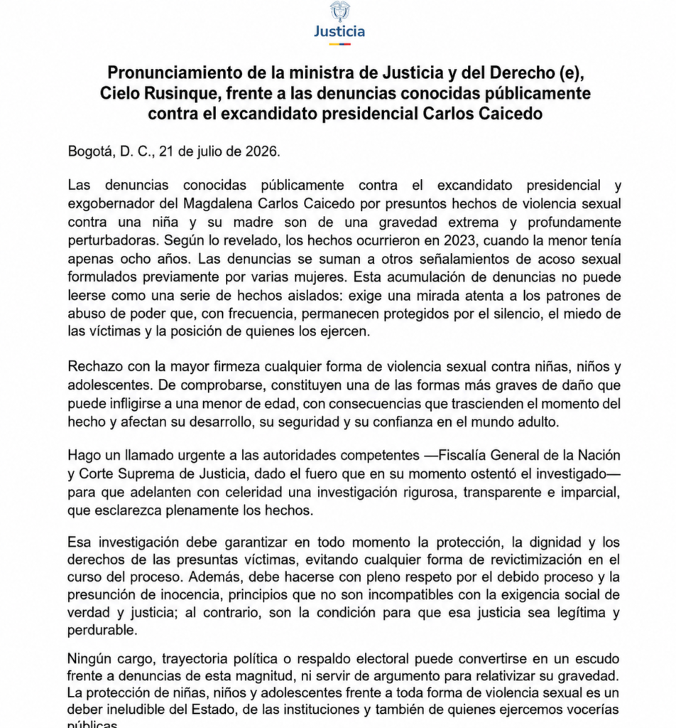 Pronunciamiento de MinJusticia sobre denuncias contra Carlos Caicedo