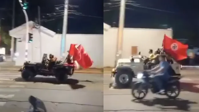 Caravana con personas caracterizadas con uniformes y símbolos nazis durante un campeonato de fútbol aficionado en Valledupar, hecho ocurrido el 16 de mayo de 2026.