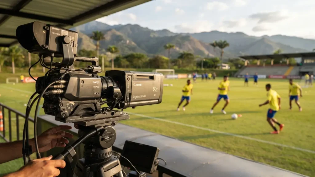 Cámara de televisión transmite una práctica de fútbol relacionada con los derechos audiovisuales