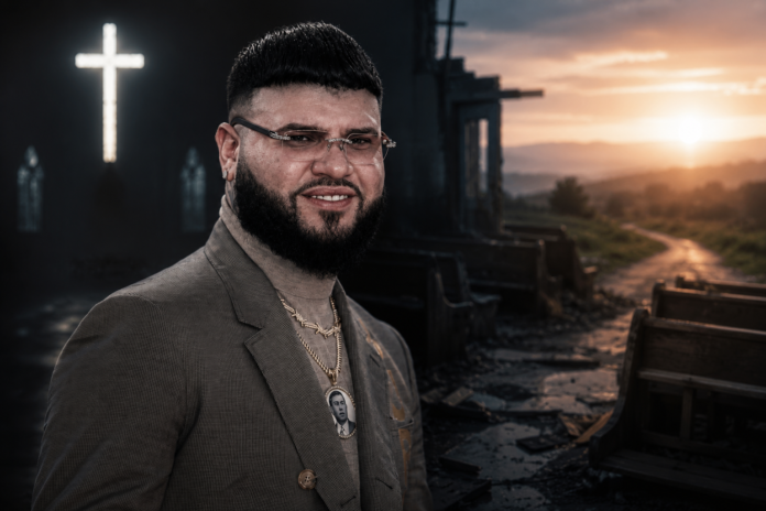Farruko con su imagen simbólica de la iglesia y la luz del atardecer.