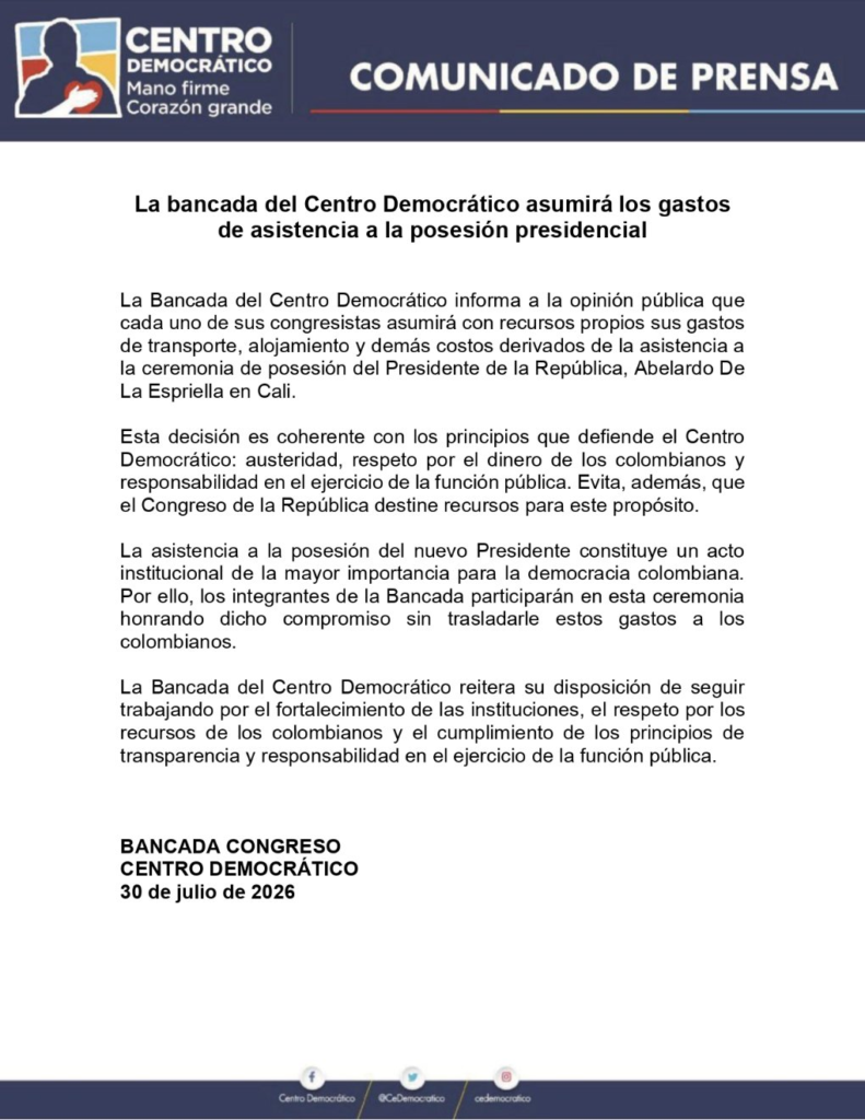 Comunicado del Centro Democrático sobre los gastos de sus congresistas para asistir a la posesión en Cali
