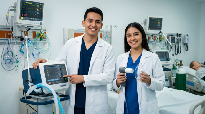 Estudiantes del programa de Terapia Respiratoria de Areandina Valledupar durante una práctica clínica con equipos de atención respiratoria.