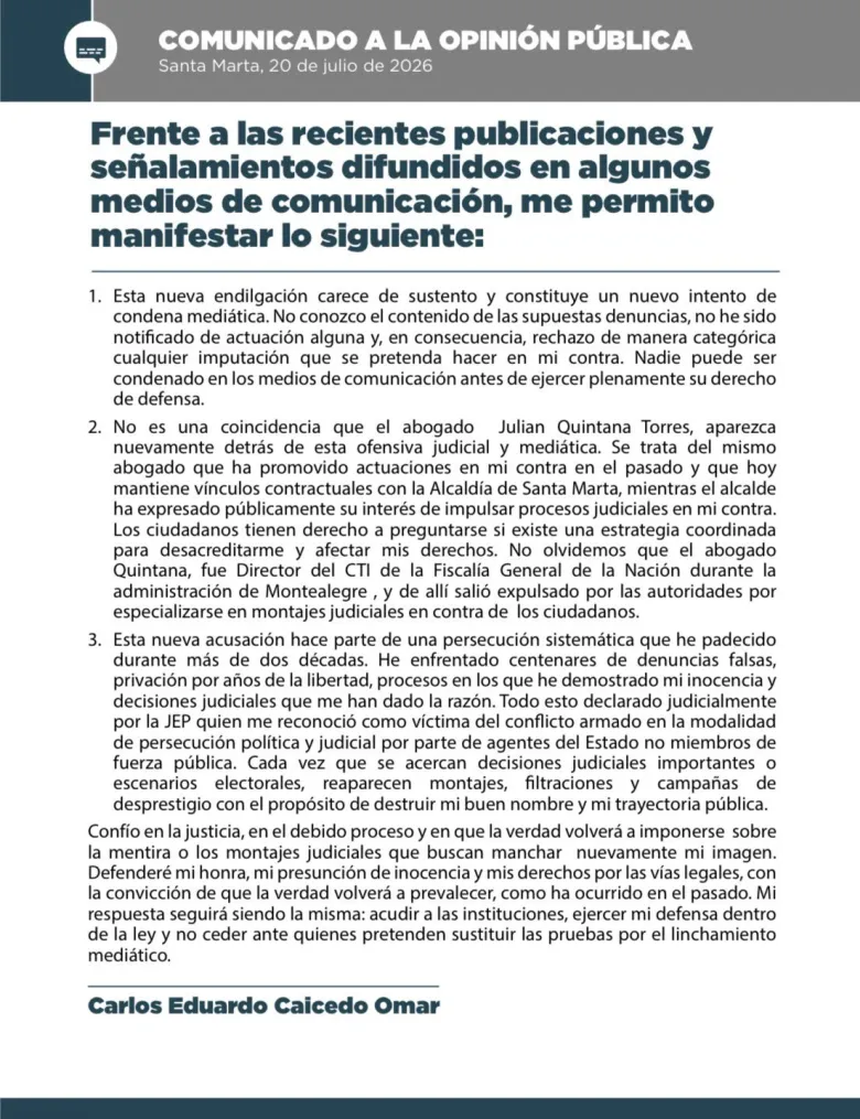 Comunicado de Carlos Caicedo sobre las denuncias en su contra