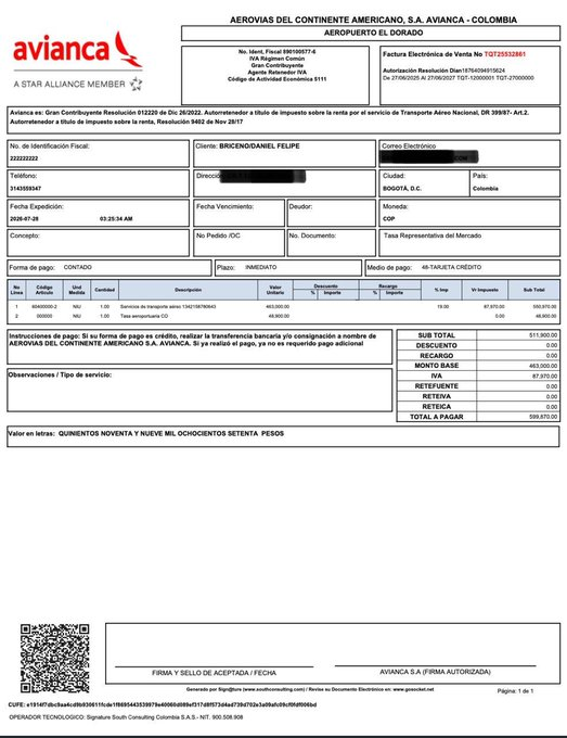Comprobante del tiquete pagado por Daniel Briceño para viajar a Cali
