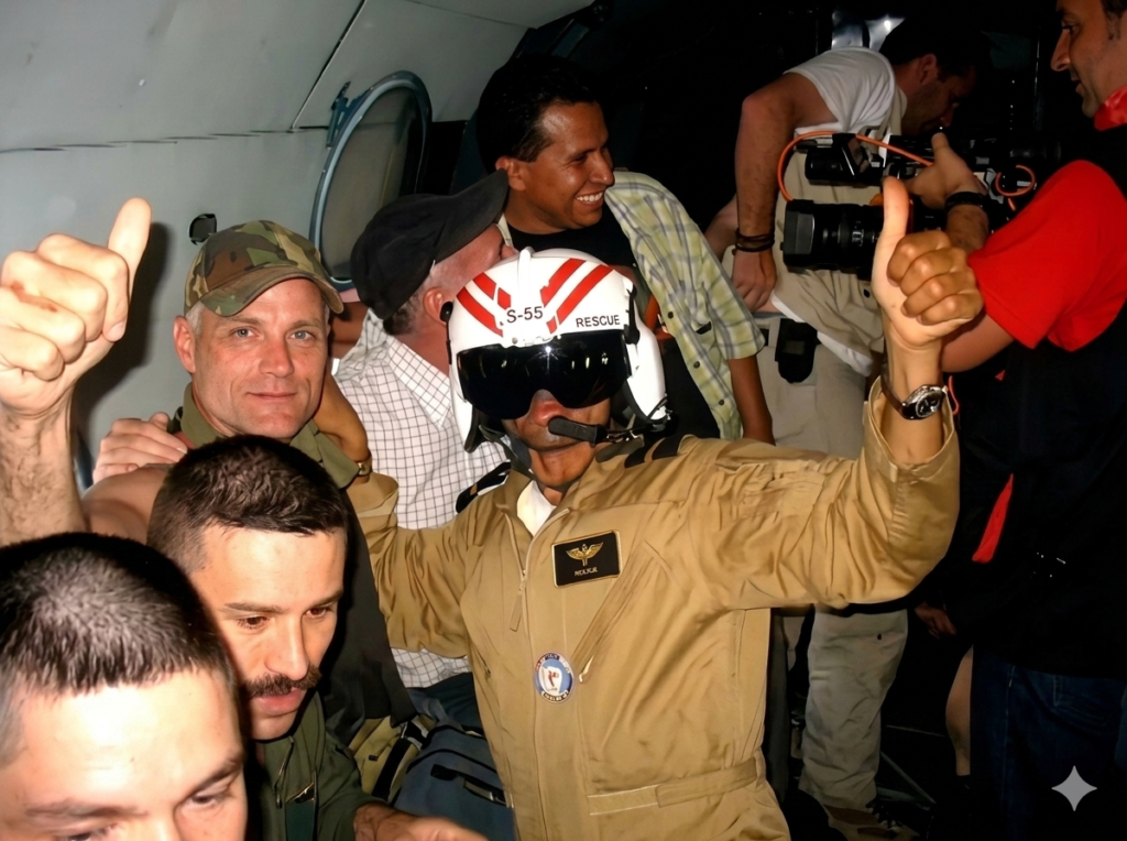 Liberados celebran dentro del helicóptero tras la Operación Jaque en Colombia.