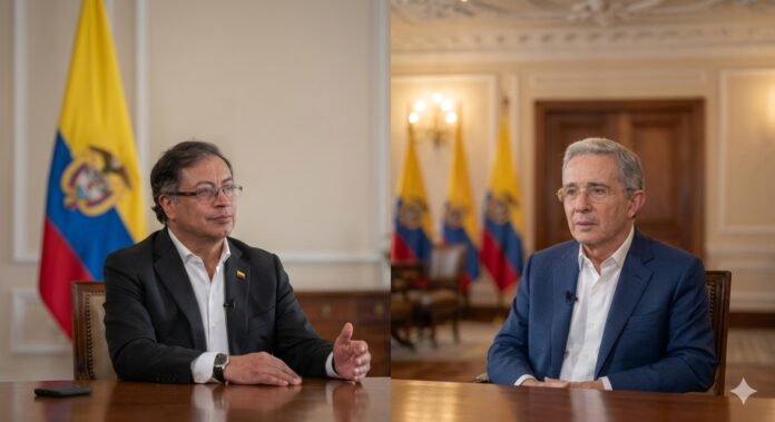 Gustavo Petro y Álvaro Uribe en un montaje periodístico sobre el debate de la reducción de homicidios en Colombia.