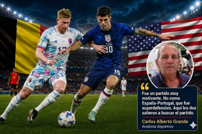 Kevin De Bruyne y Christian Pulisic disputando el balón en el partido de fútbol Bélgica vs Estados Unidos con análisis de Carlos Grande.