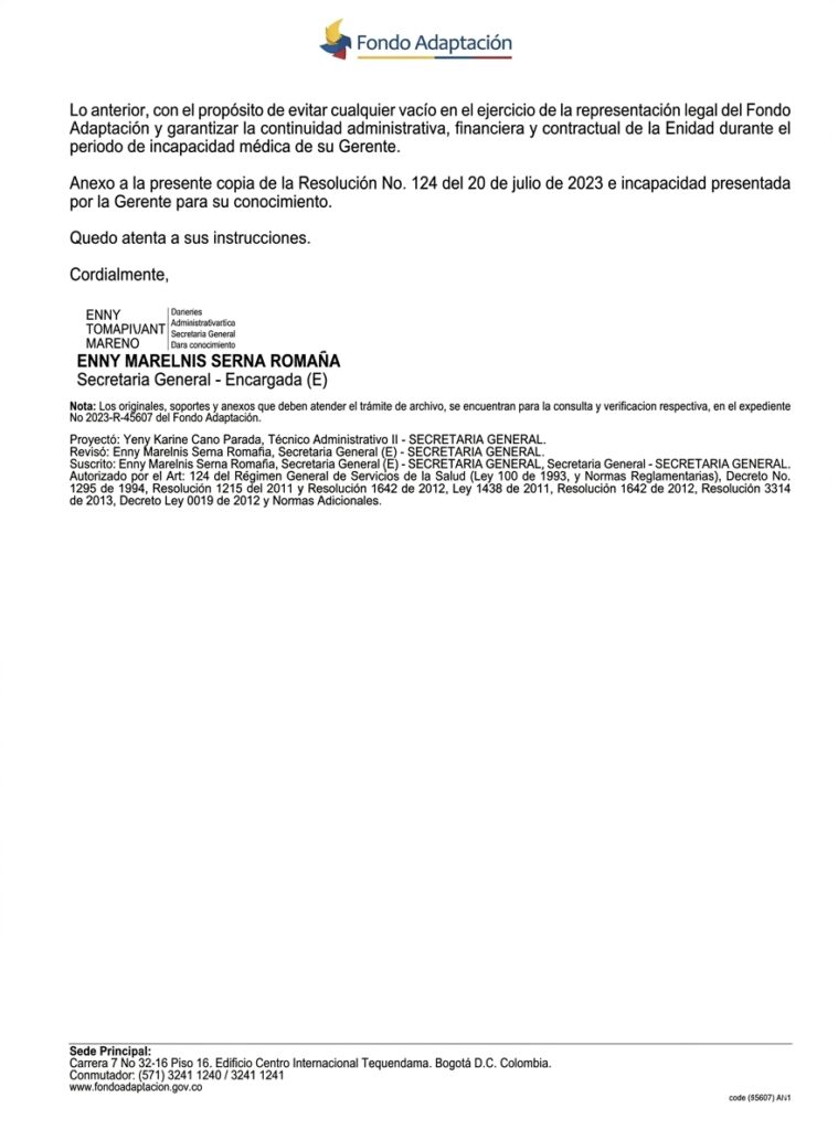 Firma de Enny Marlenis Serna Romana en documento de incapacidad medica de la Gerencia del Fondo Adaptacion